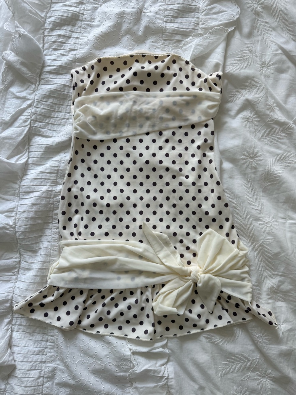 Tiger Mist Cream Strapless Polka Dot Dress with Bow Detail